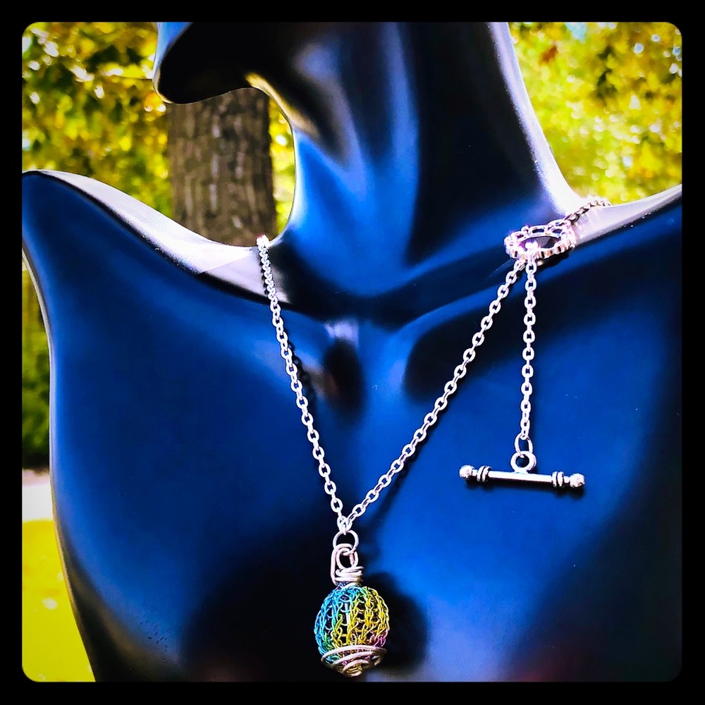 Handmade layering necklace crocheted bead pendant